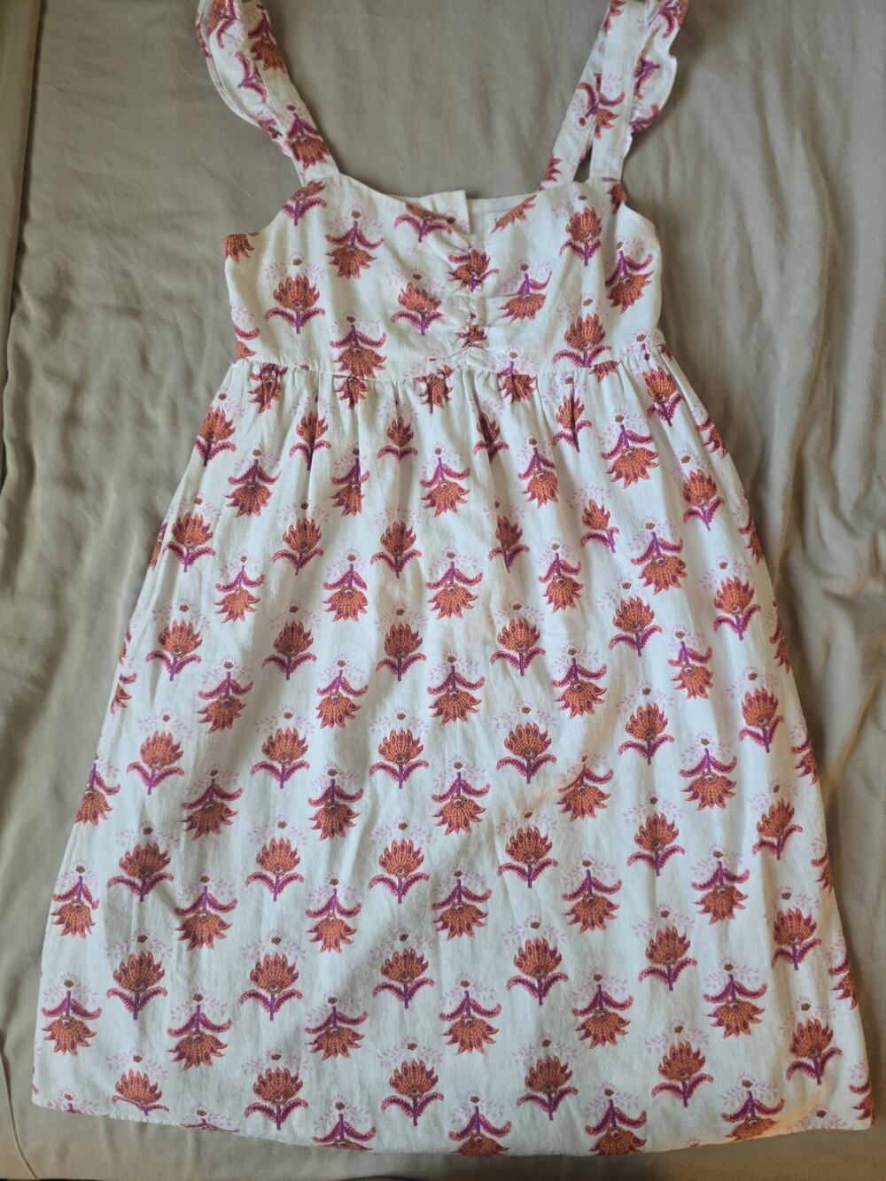 Y2K J Crew Linen Blend Floral Dress Sz 00 Orange Pink Buttons Ruffles Beach Boho